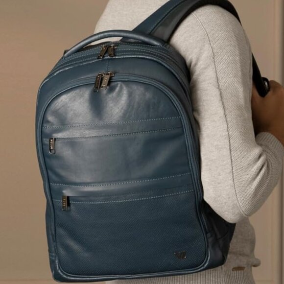 VELEZ Blue Leather Backpack -14 inch Laptop Bag - Water Resistant Backpack - Picture 8 of 8